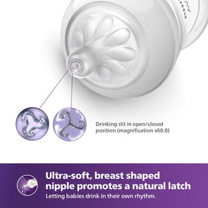 Close-up of a philips avent natural response baby feeding bottle nipple with text highlighting its features on a white background.