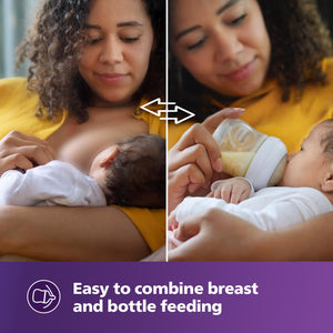 Woman breastfeeding a baby on the left, switching to bottle feeding on the right with text 'Easy to combine breast and bottle feeding'.