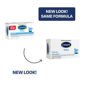 Cetaphil baby soap packaging with 'New Look! Same Formula' text on a white background. Cetaphil Baby Mild Bar 100g go littles product main image 2