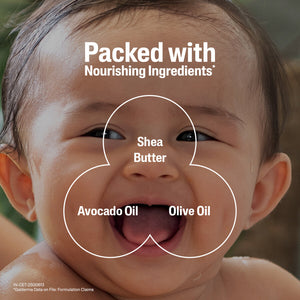 Baby with labeled nourishing ingredients on a dark background. Cetaphil Baby Mild Bar 100g go littles product main image 4