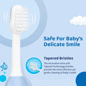 Baby toothbrush with tapered bristles on a blue background. Chicco Toothbrush Blue 6M to 36M go littles product image 5