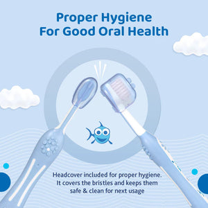 Illustration of two toothbrushes with a headcover, promoting proper hygiene for good oral health. Chicco Toothbrush Blue 6M to 36M go littles product image 7