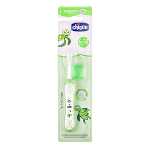 Chicco children's toothbrush packaging with green design on a white background. Chicco Toothbrush Green 6M to 36M go littles product image 2