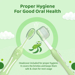 Two green toothbrushes with a headcover on a light green background, promoting proper hygiene for good oral health. Chicco Toothbrush Green 6M to 36M go littles product image 7