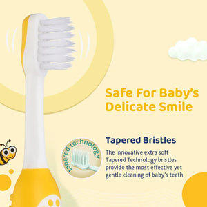 Baby toothbrush with tapered bristles on a yellow background. Chicco Toothbrush Yellow 6M-36M go littles product image 4