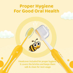 Illustration of a yellow toothbrush and white headcover with text about proper hygiene for good oral health on a yellow background. Chicco Toothbrush Yellow 6M-36M go littles product image 6