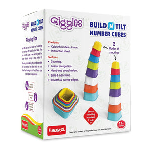 Box of Giggles Build N Tilt Number Cubes educational toy with colorful cubes on a white background. Funskool Giggles - Build N Tilt Number Cubes at go littles product image 2