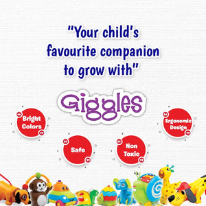 Promotional graphic for 'Giggles' toys with text about safety, colors, and design on a white background. Funskool Giggles - Build N Tilt Number Cubes at go littles product image 6