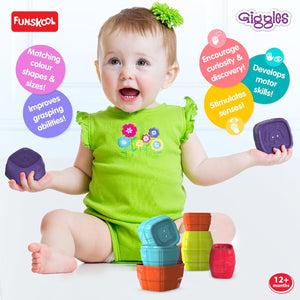 Funskool Giggles - Safari Stack N Nest Barrels, Multi-Colour Stacking Barrels at go littles product image 5. Child playing with colorful blocks from Funskool, with text highlighting benefits on a white background.
