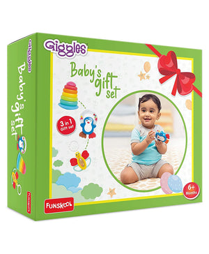 Giggles baby's gift set packaging with a child playing with toys on a white background. Funskool Giggles Baby's Gift Set at Go Littles product image 3