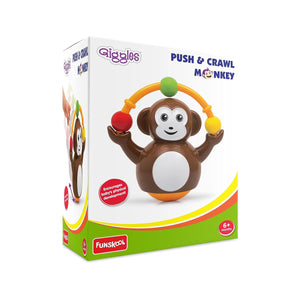 Funskool Giggles Push N Crawl Monkey at Go Littles product image 1. Giggles Push & Crawl Monkey toy packaging on a white background