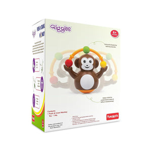 Funskool Giggles Push N Crawl Monkey at Go Littles product image 2. Giggles toy packaging with a monkey design on a white background