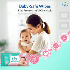 Woman holding a baby with Kara baby-safe wipes packaging and branding on a light blue background. Kara Cleaning Baby Wipes 80pcs go littles product image 2