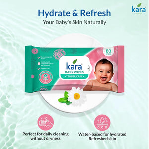 Kara baby wipes packaging with a baby's face on it, surrounded by water droplets and flowers, on a light blue background. Kara_Cleaning_Baby_Wipes_80pcs_go_littles_product_image 4