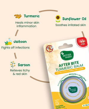 After Bite Turmeric Balm packaging with ingredients listed on a beige background. MotherSparsh After Bite Turmeric Balm 8g go littles product image 3