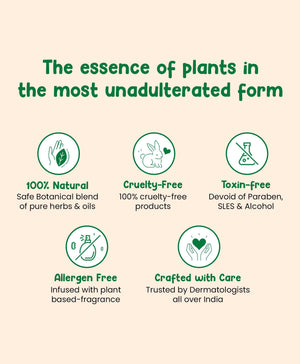 Certification icons and text about natural, cruelty-free, toxin-free, allergen-free, and dermatologist-trusted products on a beige background. MotherSparsh After Bite Turmeric Balm 8g go littles product image 5