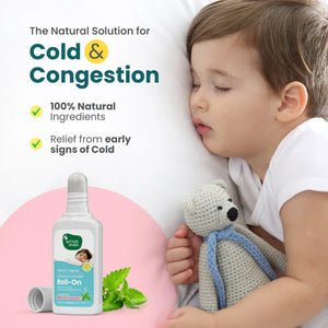 Child with a stuffed toy next to a bottle labeled 'Roll-On' for cold and congestion relief. MotherSparsh Cold Relief Natural Vapour Roll-on 15ml go littles product image 3