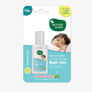Mother Sparsh natural vapour roll-on packaging with child illustration on a white background. MotherSparsh Cold Relief Natural Vapour Roll-on 15ml go littles product main image