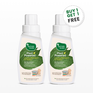 Two bottles of Mother Sparsh plant-powered laundry detergent for babies on a white background with a 'Buy 1 Get 1 Free' offer. MotherSparsh Laundry Detergent 200mlx2 ( Buy 1 Get 1) go littles product main image