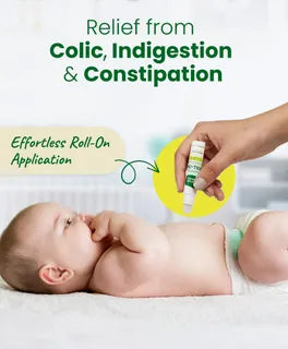 Baby lying down with a bottle of relief product for colic, indigestion, and constipation. Mother Sparsh Tummy Roll-On Hing & Sounf Oil, 6 ml go littles product main branch 2