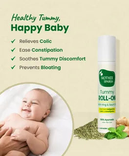 Baby being held with a bottle of 'Tummy Roll-On' and text about its benefits on a light green background. Mother Sparsh Tummy Roll-On Hing & Sounf Oil, 6 ml go littles product main branch 5