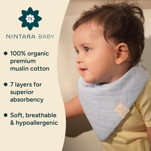 Baby wearing a light blue Nintara Baby bib with product features listed on the left. Nintara Baby Bandana Bibs Set of 2 Golden Flutter Pack go littles product image 2