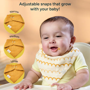 Baby wearing a yellow bib with adjustable snap options displayed on an orange background. Nintara Baby Bandana Bibs Set of 2 Golden Flutter Pack go littles product image 4