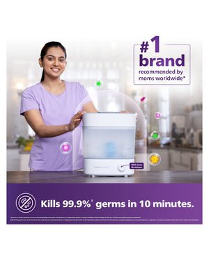 Woman holding a Philips Avent 3 in 1 sterilizer with text about it killing 99.9% germs in 10 minutes.