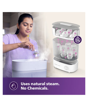 Woman using a baby bottle sterilizer with text highlighting natural steam and chemical-free use.
