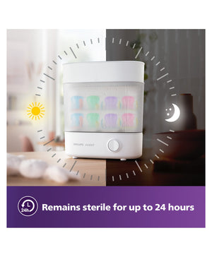 White humidifier with colorful display on a wooden surface, surrounded by a purple banner with text about sterilization duration.