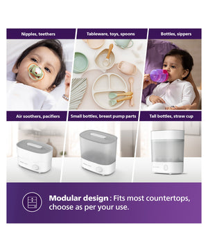 Product display with various baby items and modular design features on a white background.