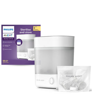 Philips Avent sterilizer gift set with packaging on a white background