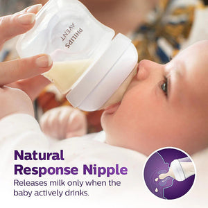 Baby drinking from a Philips Avent bottle with text about the natural response nipple feature. Philips Avent Teat Natural Response Teat SCY961/02 0m+ go littles product image 4