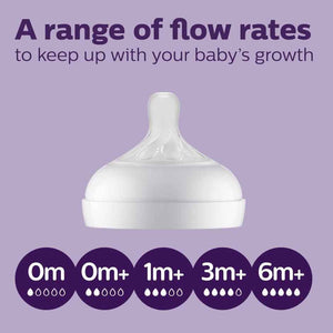 Baby bottle nipple with flow rate indicators on a purple background.Philips Avent Teat Natural Response Teat SCY961/02 0m+ go littles product image 7