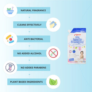 Pigeon Baby Laundry Detergent refill pack with features listed on a blue background. Pigeon Baby Laundry Detergent Liquid Refill 500 ml go littles product image 2