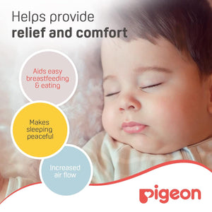 Baby sleeping with text about relief and comfort, and Pigeon brand logo. Pigeon Nose Cleaner go littles product image 7
