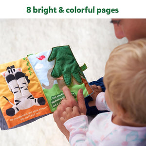 Skillmatics Peek A Boo i see you In the Jungle Soft Cloth Book at Go Littles product image 2. Child and mother looking at a colorful children's book together.