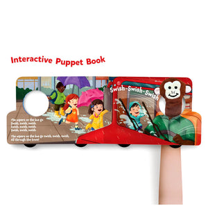 Skillmatics Puppet Book The Wheels on the Bus at Go Littles Stores product image 5. Interactive puppet book with colorful illustrations and a monkey puppet on a white background