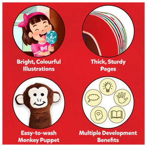 Skillmatics Puppet Book The Wheels on the Bus at Go Littles Stores product image 7. Product packaging with illustrations of a child, pages, a monkey puppet, and icons on a red background.