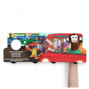 Skillmatics Puppet Book The Wheels on the Bus at Go Littles Stores product image 8.Children's book with a monkey on a red bus and colorful cars on a white background