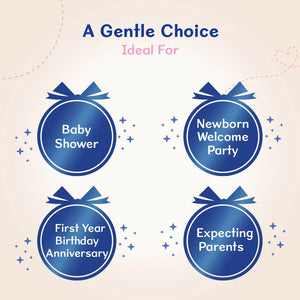 Promotional graphic for 'A Gentle Choice' with blue circular icons and text on a beige background. Chicco Baby Moments Essential Set Gift Set for Babies 0M+ Blue go littles product image 5