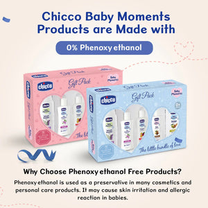 Chicco Baby Moments product packaging with a focus on safety information. Chicco Baby Moments Essential Set Gift Set for Babies 0M+ Blue go littles product image 3