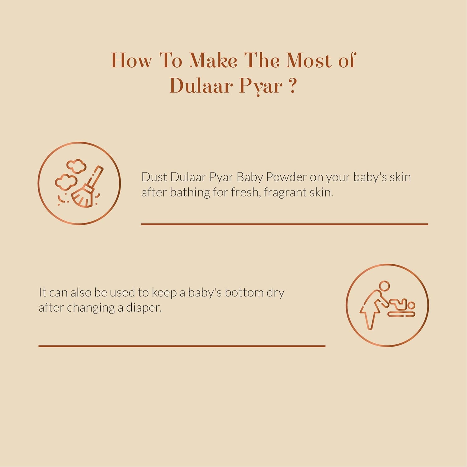 Instructions on using Baby Forest Dulaar Pyar baby powder with icons and text on a beige background