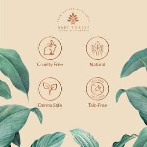 Baby Forest product features with icons and text on a beige background with green leaves.