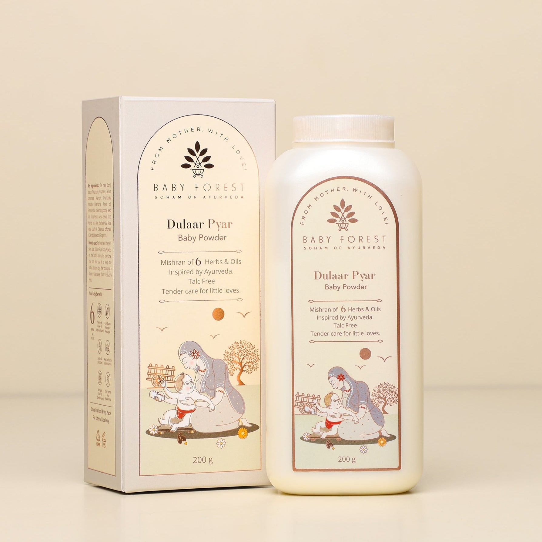 Baby Forest Baby powder packaging with box and bottle on a beige background