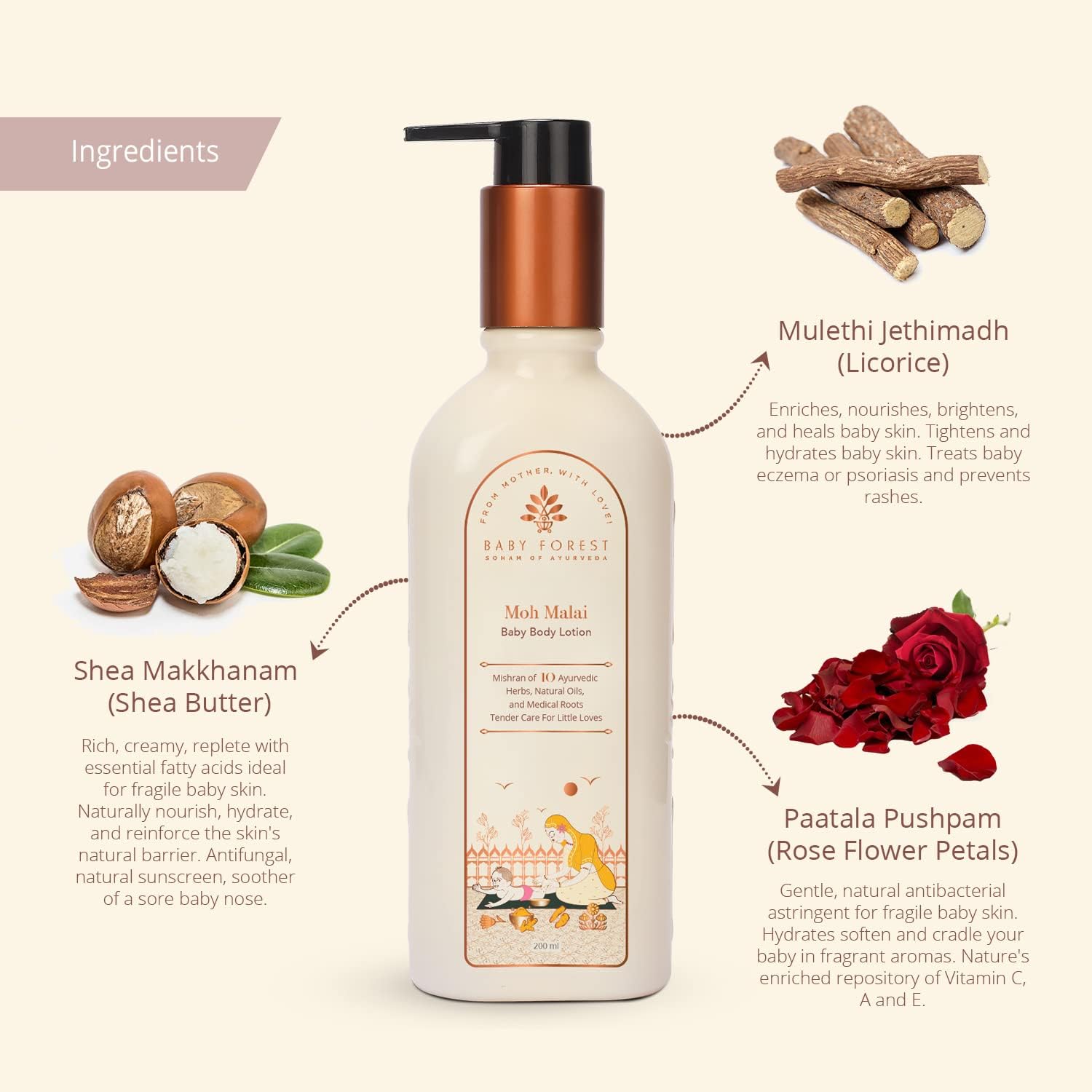 baby forest Baby lotion bottle with ingredients listed on a beige background