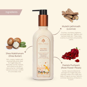 baby forest Baby lotion bottle with ingredients listed on a beige background