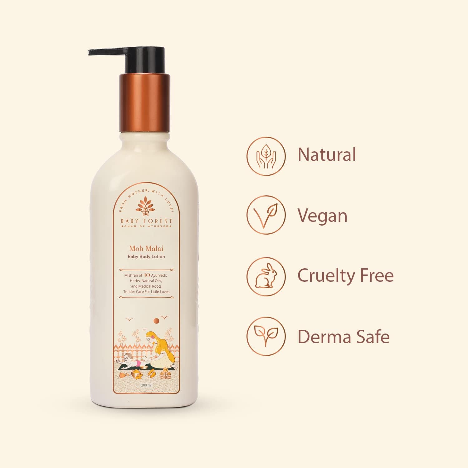 Baby Forest Body lotion bottle with pump on a beige background, featuring icons and text indicating natural, vegan, cruelty-free, and derma-safe qualities.