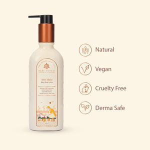 Baby Forest Body lotion bottle with pump on a beige background, featuring icons and text indicating natural, vegan, cruelty-free, and derma-safe qualities.