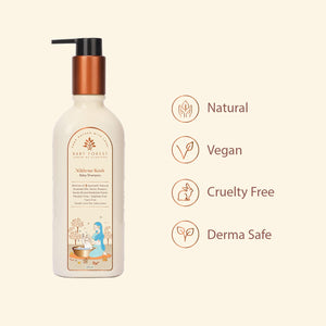 baby forest Baby shampoo bottle with 'Natural', 'Vegan', 'Cruelty Free', and 'Derma Safe' icons on a beige background